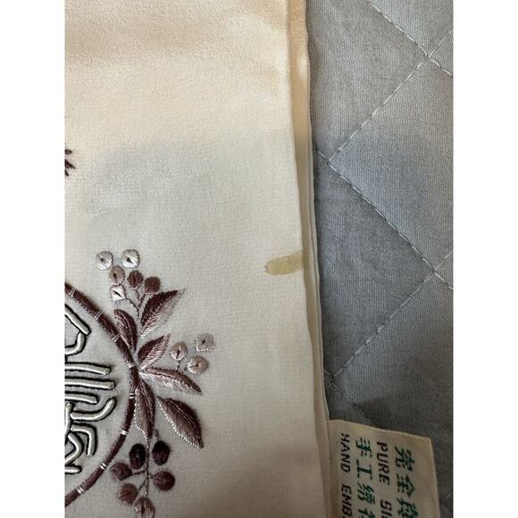 Antique Elegant Embroidered Symbol Pattern 100% Silk Scarf Chinese Beige - Picture 6 of 8